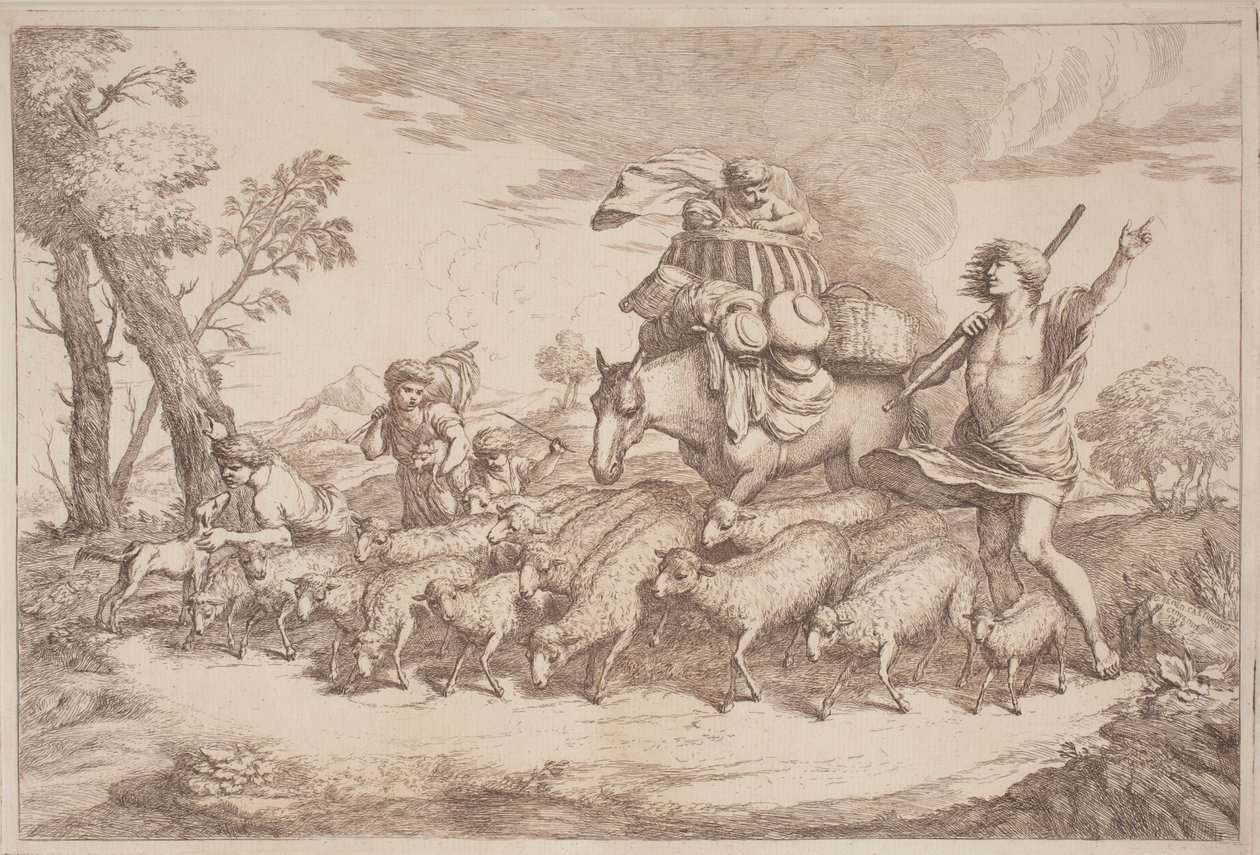 رحلة رعوية مع طفل في سلة على ظهور الخيل بواسطة Gaetano Zompini ، بعد Giovanni Benedetto Castiglione
