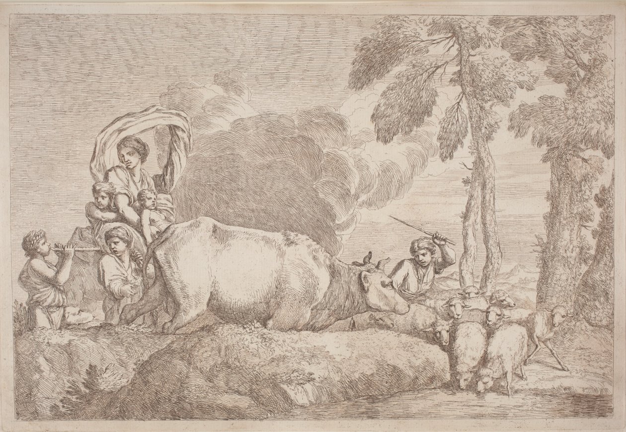 امرأة مع طفلين على ظهور الخيل بواسطة Gaetano Zompini ، بعد Giovanni Benedetto Castiglione