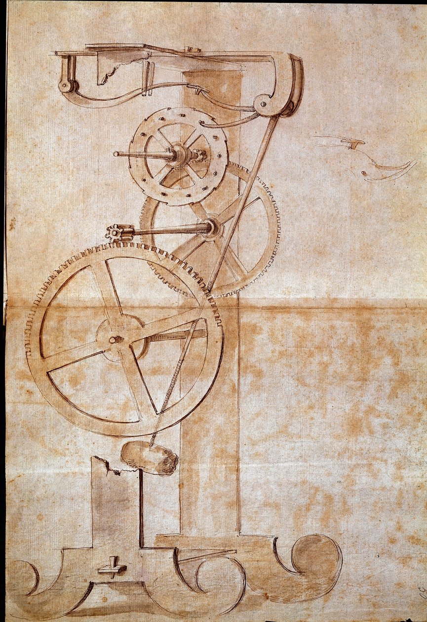 ساعة بندول وزن درسها عالم الفلك والفيزيائي الإيطالي جاليليو جاليلي ديت جليل (1564-1642) عام 1638 لقياس الوقت. رسم. فلورنسا ، المكتبة الوطنية بواسطة جاليليو جاليلي
