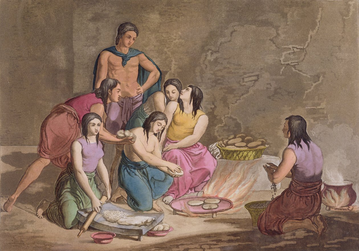 نساء الأزتك يصنعن خبز الذرة ، المكسيك ، من "Le Costume Ancien et Moderne" ، المجلد الثاني ، اللوحة 82 ، بقلم جولز فيراريو ، تم نشره في 1820s-30s (نقش الألوان) بواسطة جالو غالينا