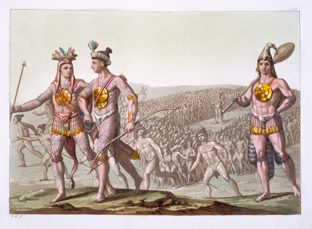 رئيس Outina ، عدو ساتوربا ، يمشي بين أتباعه ، اللوحة 58 من "Le Costume Ancien et Moderne" بقلم جول فيراريو ، تم نشره في 1820s-30s بواسطة جالو غالينا