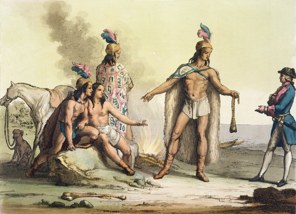 هنود باتاغونيا ، تشيلي ، يحيون مسافرًا أوروبيًا ، من `` Le Costume Ancien et Moderne &39;&39; ، المجلد الثاني ، اللوحة 38 ، بقلم جولز فيراريو ، تم نشره في 1820s-30s بواسطة جالو غالينا