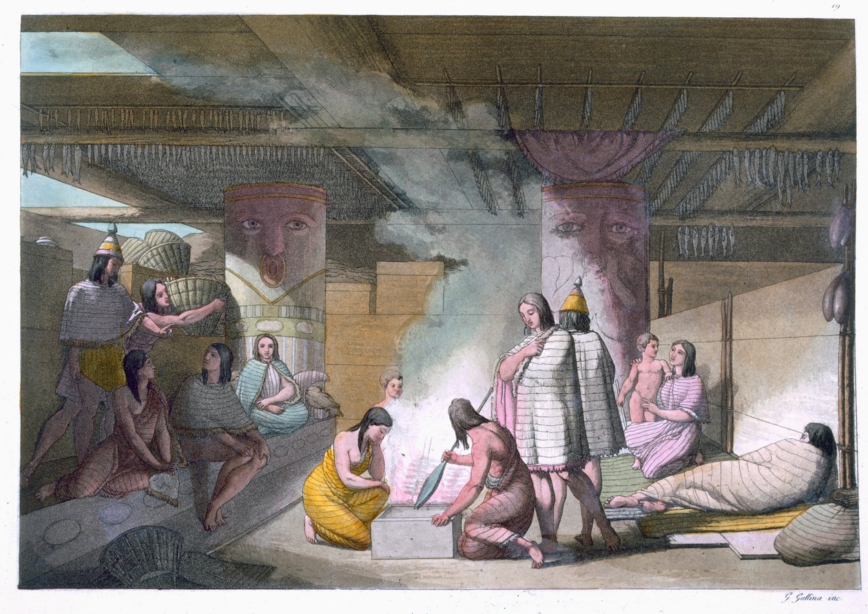 الجزء الداخلي من كابينة قبيلة Nootka ، من "Le Costume Ancien et Moderne" ، المجلد الأول ، اللوحة 19 ، بقلم جول فيراريو ، تم نشره في 1820s-30s بواسطة جالو غالينا