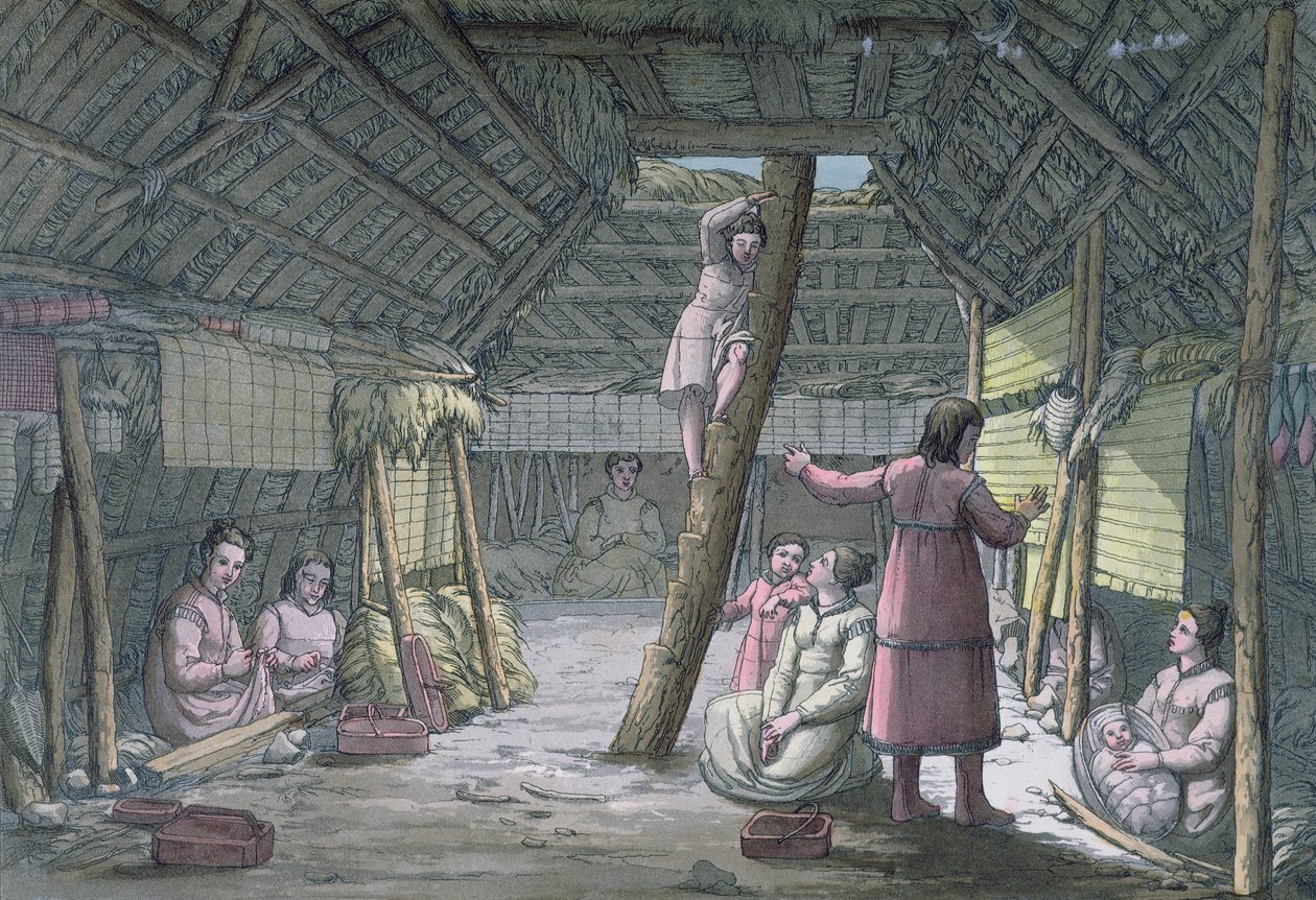 داخل منزل في Unalaska ، توضيح من "Le Costume Ancien ou Moderne" بقلم جول فيراريو ، نشر ؛ د في ميلانو c.1820 (نقش الألوان) بواسطة جالو غالينا