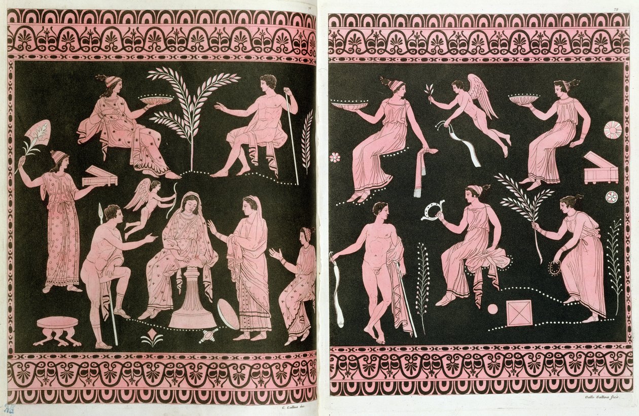 مشهد البدء في الألغاز الإليوسية ، بعد المزهريات اليونانية القديمة ، من `` Le Costume Ancien et Moderne &39;&39; لـ J. Ferrario ، ميلان ، 1819 (نقش الألوان) بواسطة جالو غالينا