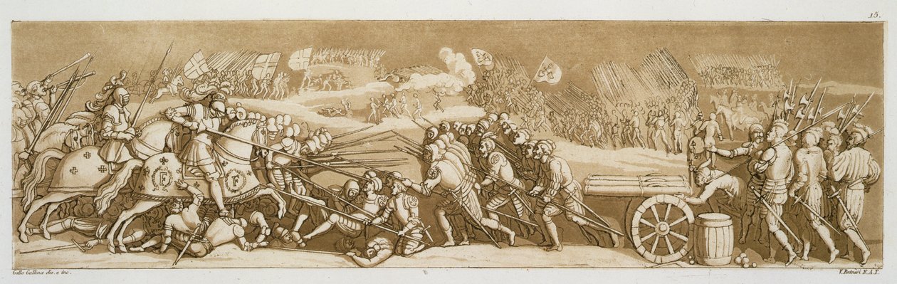 معركة Melegnano ، 1515 ، اللوحة 15 من "Le Costume Ancien et Moderne" لجول فيراريو ، محفورة بواسطة Vittorio Raineri ، تم نشرها في 1820s-30s بواسطة جالو غالينا