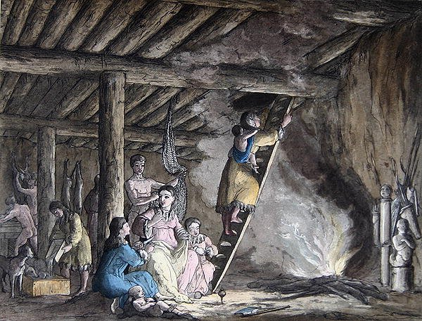 الجزء الداخلي من يورت في كامتشاتكا ، رسم توضيحي من 'Le Costume Ancien et Moderne' لجول فيراريو ، نُشر في ميلانو حوالي 1820s-30s (نقش ملون) بواسطة جالو غالينا