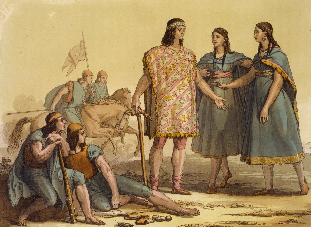 مواطنو قبيلة أراوكاني ، الأرجنتين ، من Le Costume Ancien et Moderne ، المجلد الثاني ، اللوحة 37 ، بقلم جول فيراريو ، تم نشره في 1820s-30s بواسطة جالو غالينا