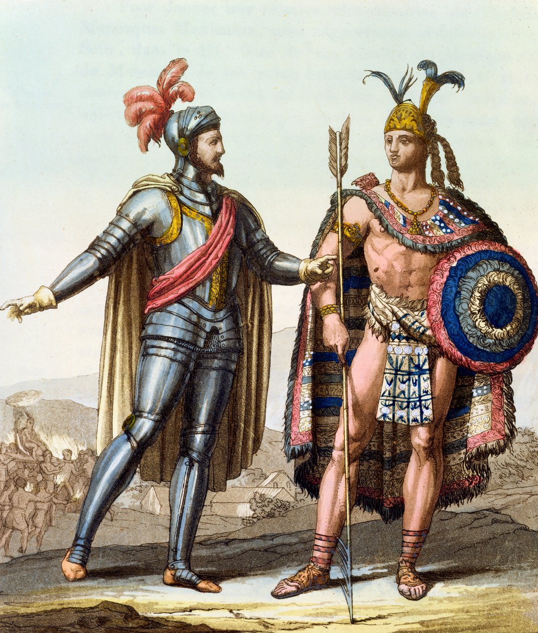 اللقاء بين هرنان كورتيس (1485-1547) ومونتيزوما الثاني (1466-1520) من فيلم Le Costume Ancien ou Moderne لجولس فيراريو ، ميلانو ، 1820 بواسطة جالو غالينا