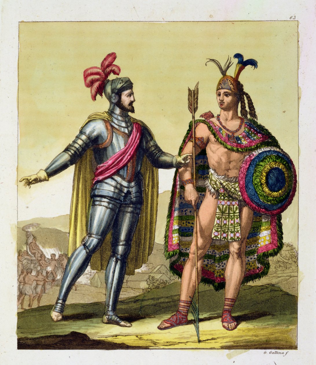 لقاء بين هيرناندو كورتيس (1485-1547) ومونتيزوما الثاني (1466-1520) ، من "لو كينغ أنسيان إيت مودرن" ، المجلد الأول ، اللوحة 63 ، بقلم جولز فيراريو ، تم نشره في 1820 - 30 ثانية (نقش الألوان) بواسطة جالو غالينا