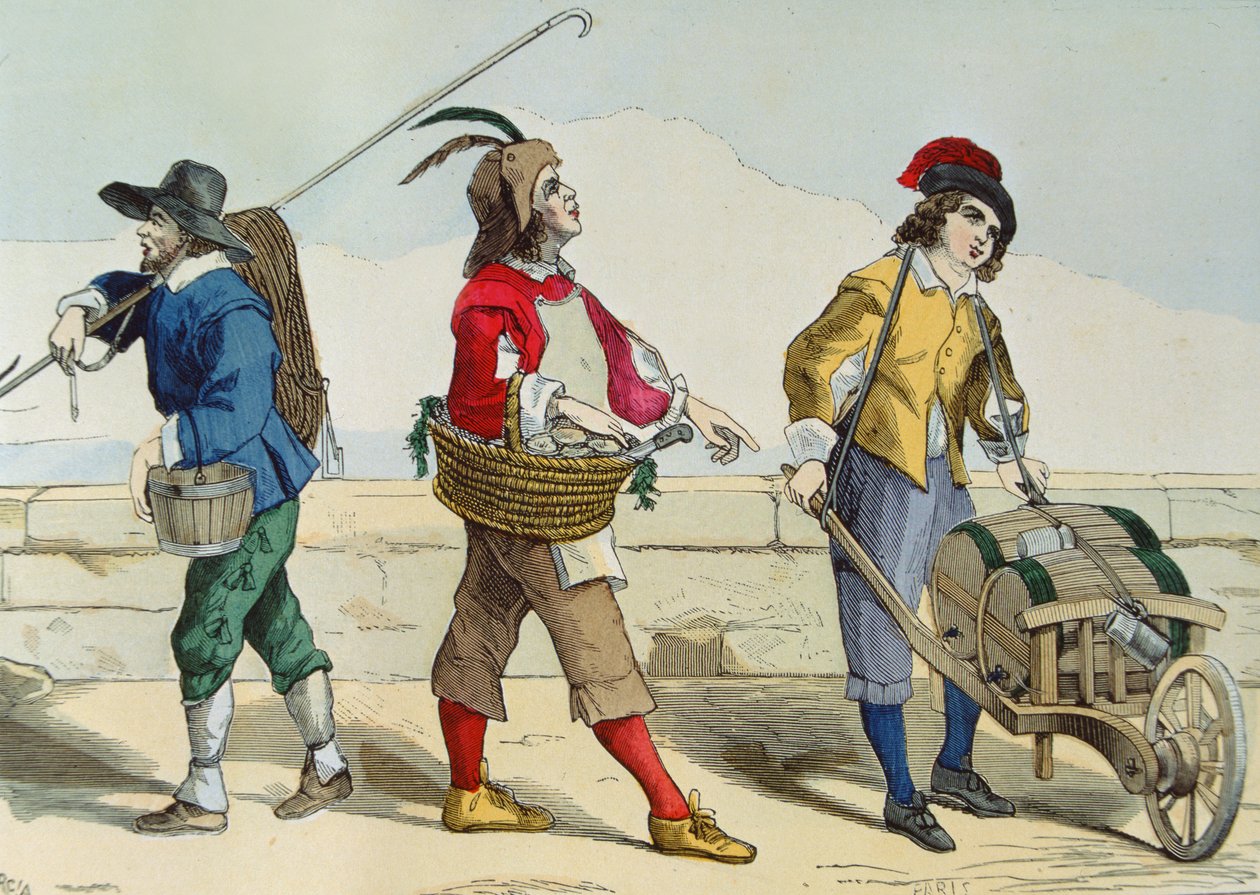 منظف جيد ، بائع المحار وبائع الخل في وقت لويس الثالث عشر (1601-43) ، من محرر "أزياء باريس باريس ترافرز لي سيكلز". روي ، نشر 1887 (نقش الألوان) بواسطة جارسيا