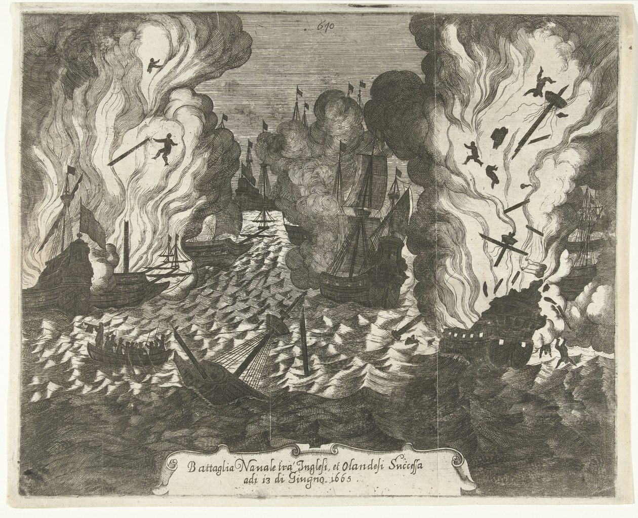 معركة Lowestoft ، 1665 معركة بحرية بين الإنجليز والهولنديين المتعاقبين في 13 يونيو 1665 (العنوان على الجسم) بواسطة غاسبار بوتاتس (منسوب إلى)
