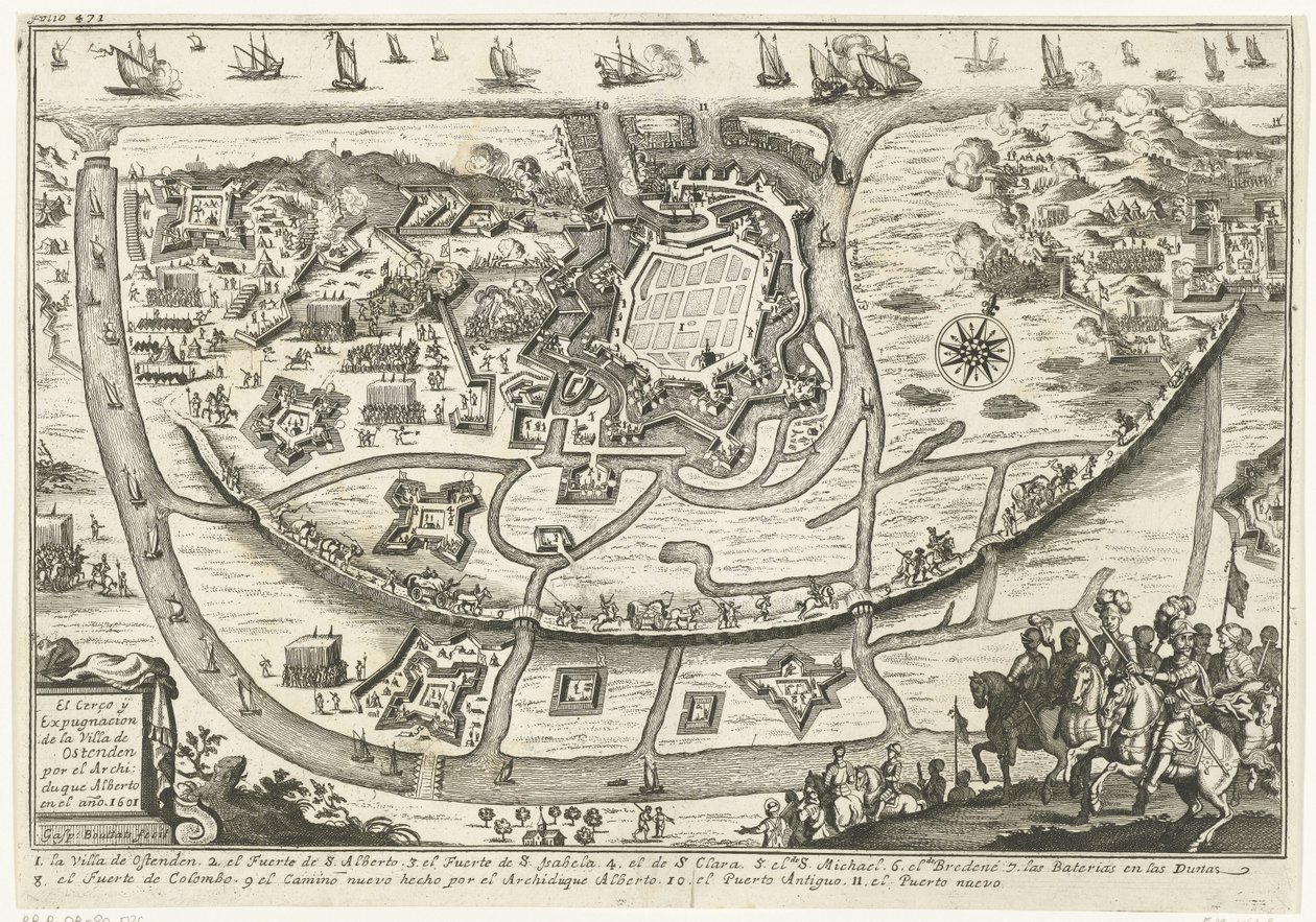 بيليج فان أوستند ، 1601 حصار Villa de Ostenden وعرضه من قبل الأرشيدوق ألبرتو في عام 1601 (العنوان على الكائن) بواسطة جاسبار بوتاتس
