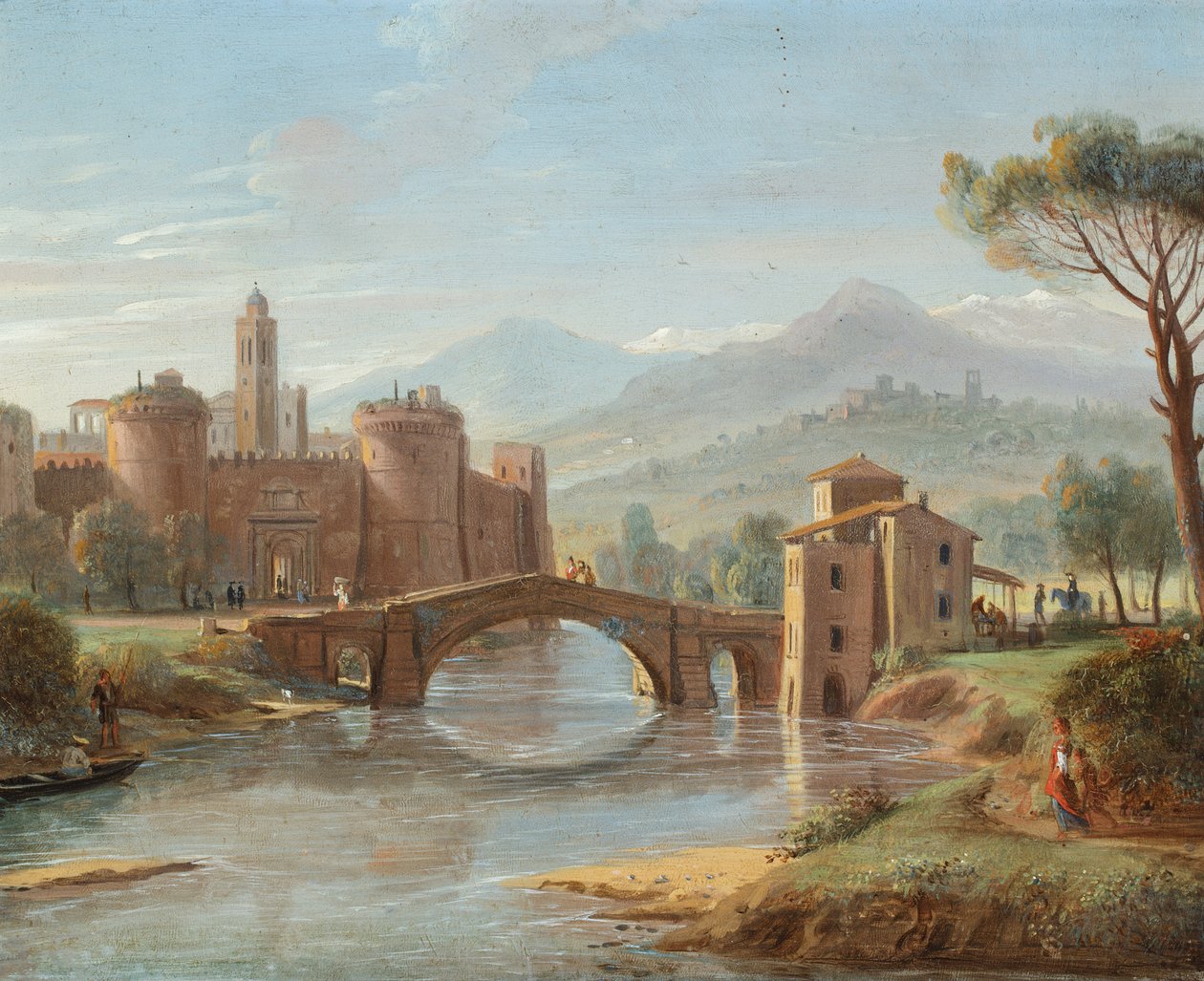 منظر طبيعي للنهر مع جسر يؤدي إلى بلدة محصنة (زيت على نحاس) بواسطة جاسبار فان (1653 1736) ويتل