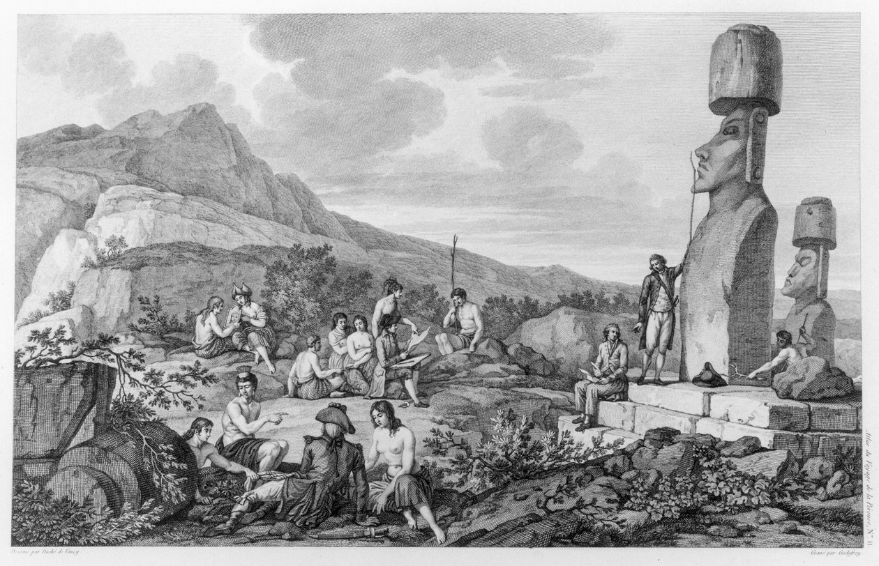 سكان الجزيرة ومعالم جزيرة إيستر ، اللوحة 11 من أطلس فوياج دي لا بيروز ، 1785-1788 بواسطة جاسبارد دوشي دي فانسي