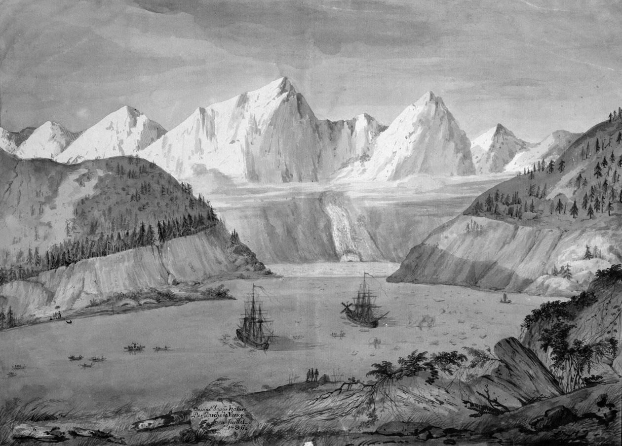 Le Port des Francais ، ألاسكا ، من "فوياج دي لا بيروس" ، يوليو 1786 (قلم جاف وحبر وغسل على ورق) (انظر أيضًا 375728) بواسطة جاسبارد دوشي دي فانسي