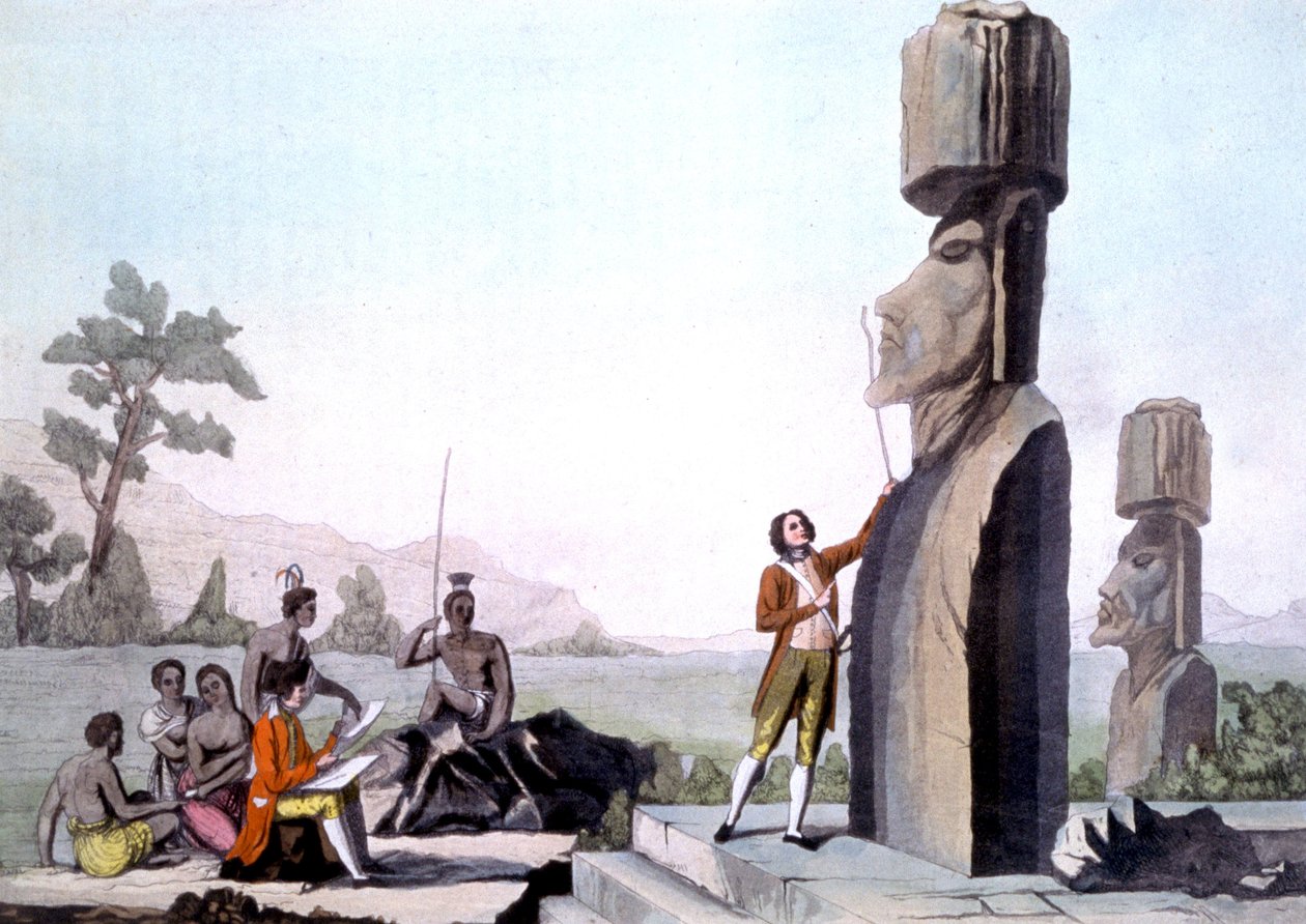 La Perouse مع طاقمه ، يقيسون التماثيل في جزيرة إيستر (1786) ، نقش بواسطة غاسبار (بعد) دوشي دي فانسي
