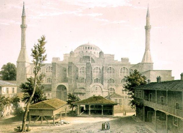آيا صوفيا ، اللوحة 16: الواجهة الرئيسية ، نقشها لويس هاغي (1806-1885) المنشورة 1852 (ليثو) بواسطة غاسبار (بعد) فوساتي