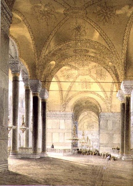 آيا صوفيا ، اللوحة 7: مدخل صحن الكنيسة ، نقشها لويس هاغي (1806-1885) المنشور عام 1852 (ليثو) بواسطة غاسبار (بعد) فوساتي