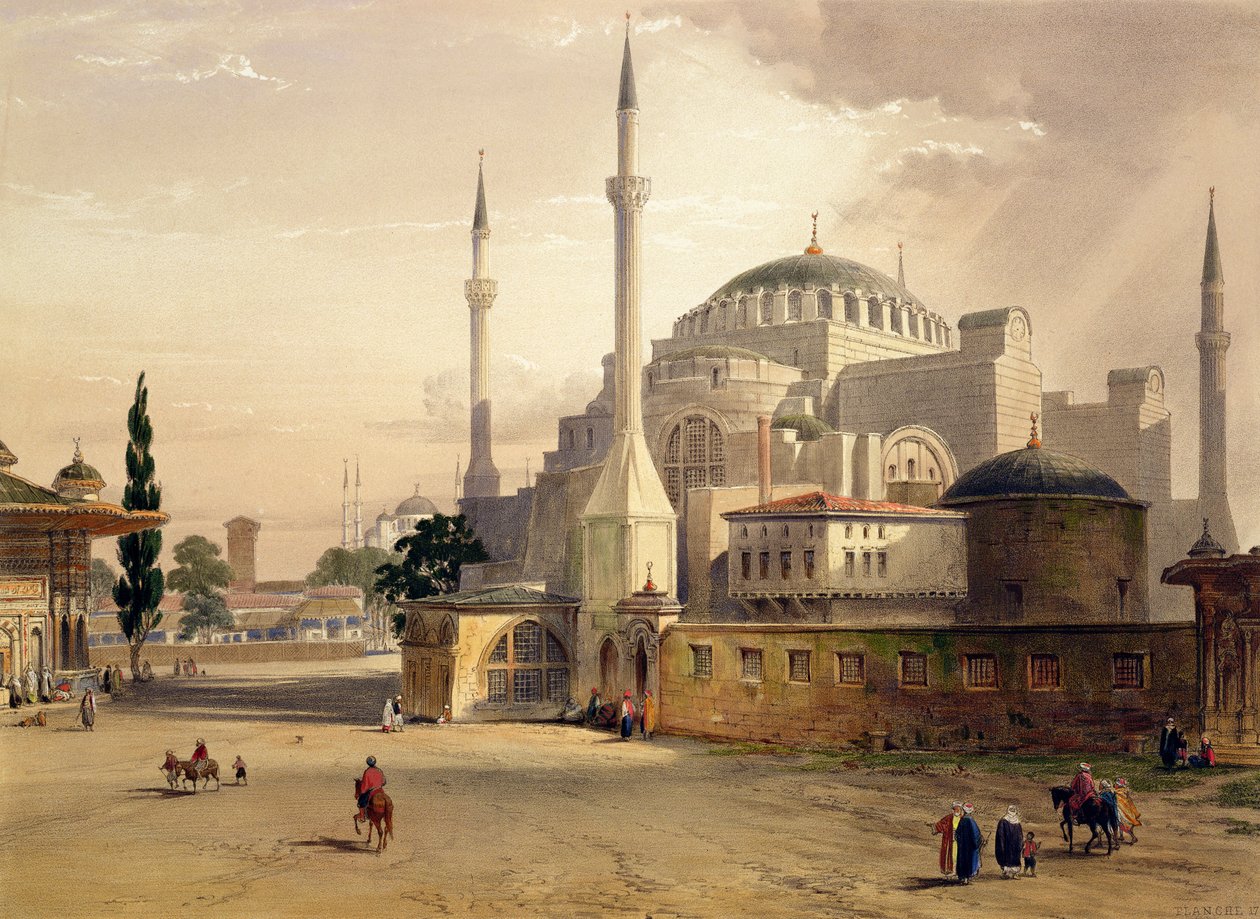 آيا صوفيا ، اللوحة 17: منظر خارجي للمسجد ، نقش لويس هاغي (1806-1885) نشر 1852 بواسطة جاسبارد فوساتي