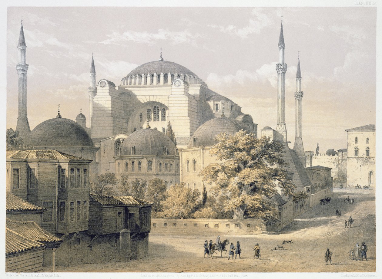 آيا صوفيا ، اللوحة 19: منظر خارجي للمسجد ، نقش لويس هاغي (1806-1885) نشر 1852 بواسطة جاسبارد فوساتي