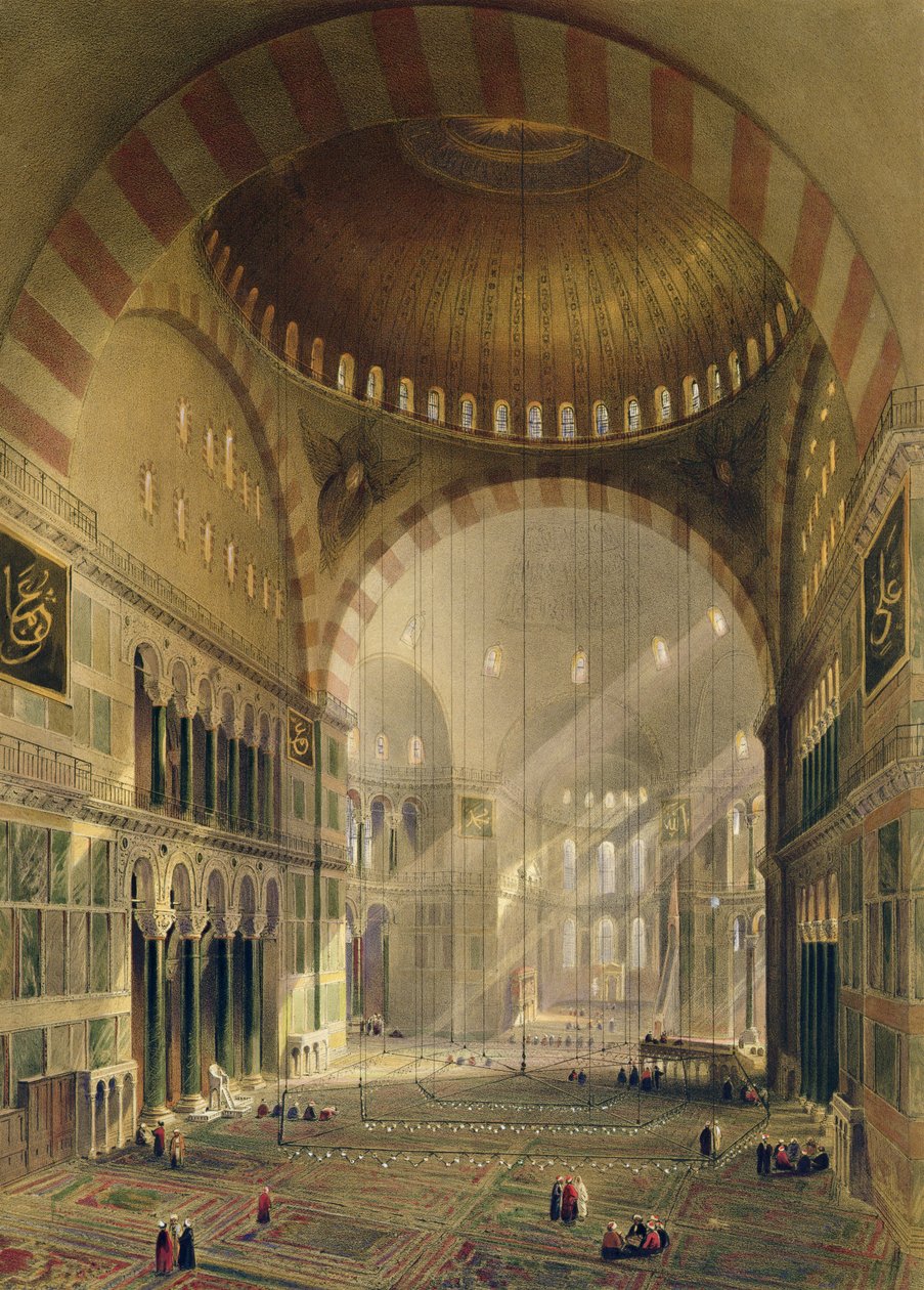 Haghia Sophia ، اللوحة 24: الجزء الداخلي من القبة المركزية مع ثريات منخفضة ، محفورة بواسطة Louis Haghe (1806-85) تم نشره عام 1852 بواسطة جاسبارد فوساتي