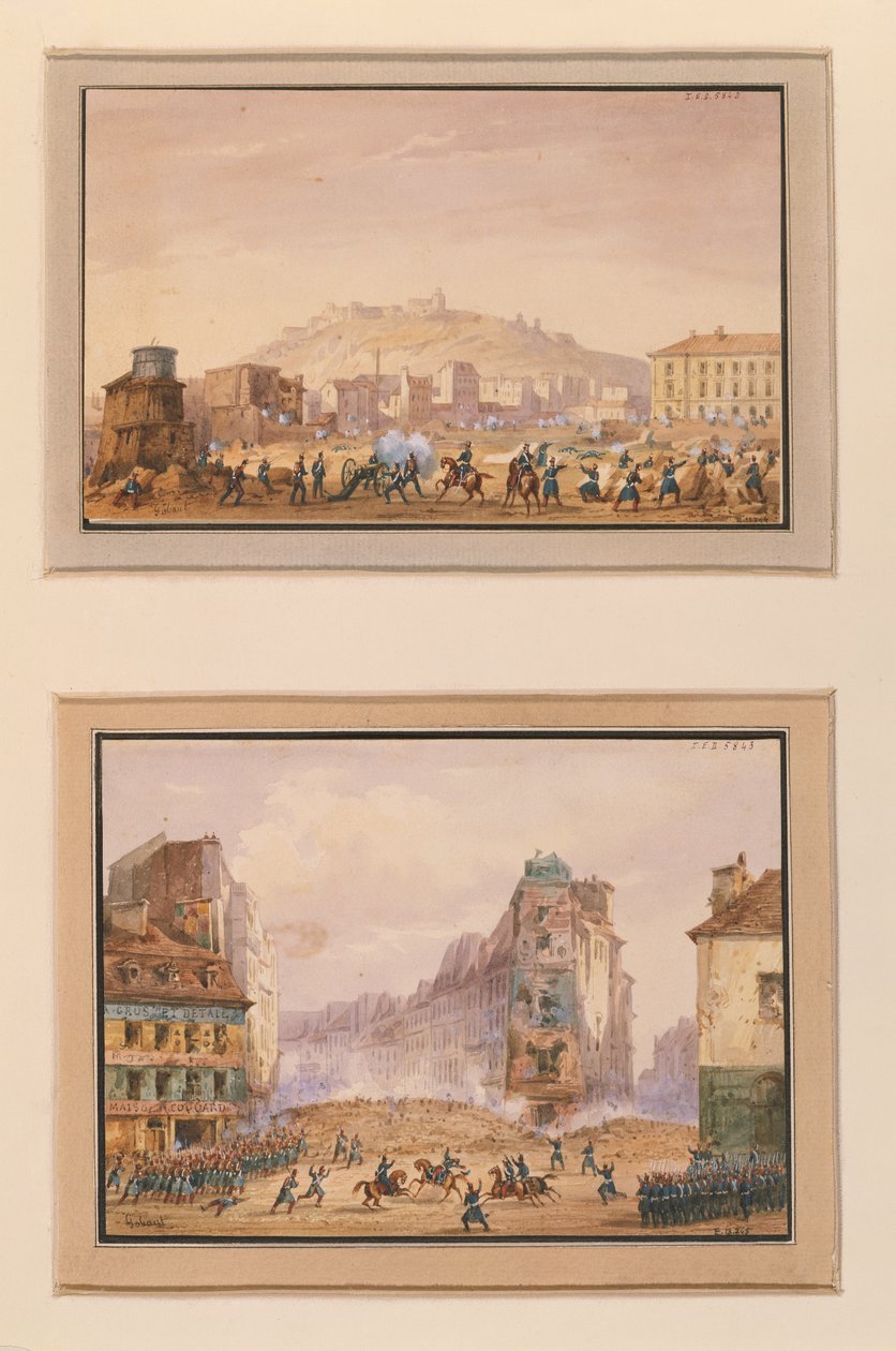 الهجوم على كلوس سانت لازار في يونيو 1848 والهجوم على الحاجز عند مدخل فوبورج سانت أنطوان بوفاة الجنرال فرانسوا دي نيجريه (1839-1913) في 25 يونيو 1848 (غواش بواسطة جاسبارد جوبوت