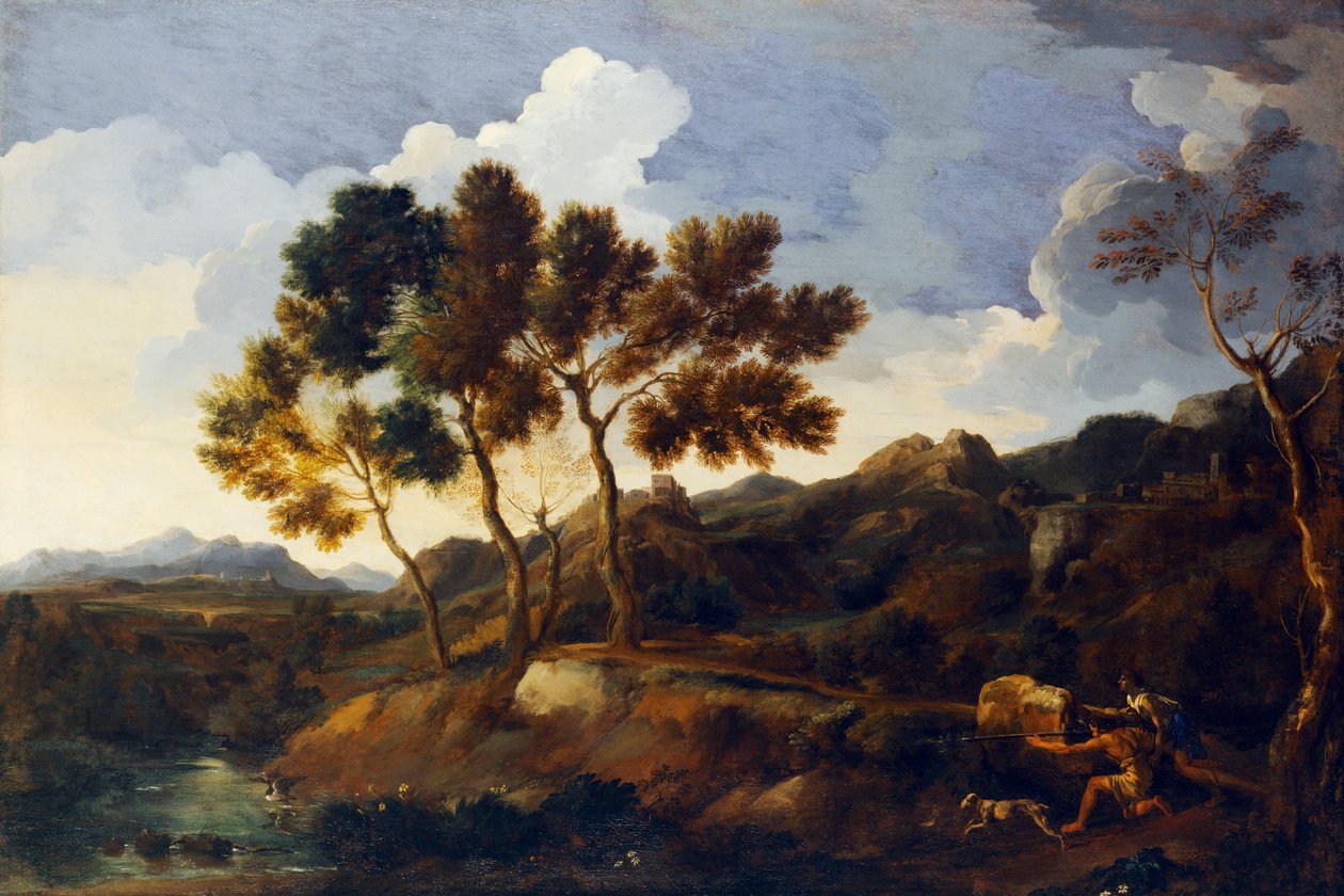 منظر طبيعي مع الرياضيين حوالي 1636-39 (زيت على قماش) بواسطة جاسبارد بوسين دوغيت