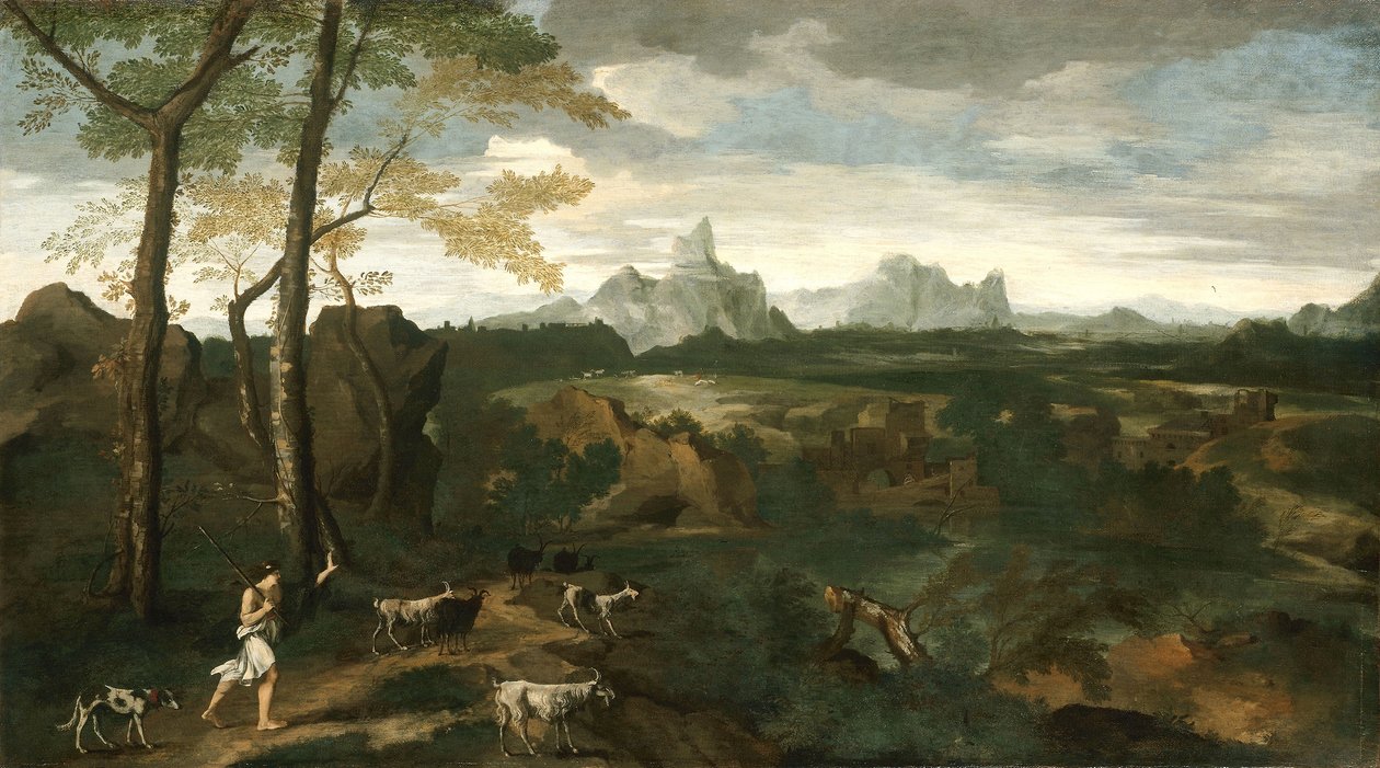 منظر طبيعي مع راعي ماعز ، حوالي عام 1635 (زيت على قماش) بواسطة جاسبارد بوسين دوغيت