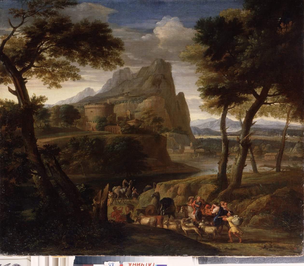 "" منظر طبيعي مع مجموعة من المسافرين "(منظر طبيعي مع قافلة) رسم بواسطة غاسبارد دوغيت (1615-1675) قصر متحف الدولة في الهواء الطلق في القرن السابع عشر غاتشينا ، سانت بطرسبرغ بواسطة جاسبارد بوسين دوغيت