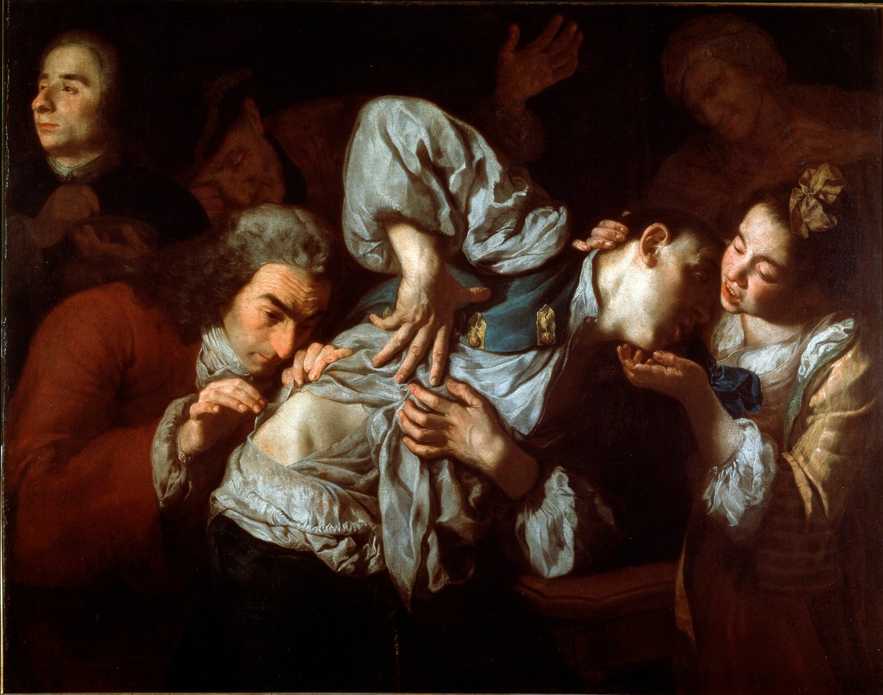 الجروح رجل مصاب يفحصه طبيب ويطمئن عليه شابة. رسم غاسباري ترافيرسي (حوالي 1722-1770). 1752 تقريبًا الشمس. 100x127 سم غاليريا ديل أكاديميا البندقية بواسطة غاسباري ترافيرسي