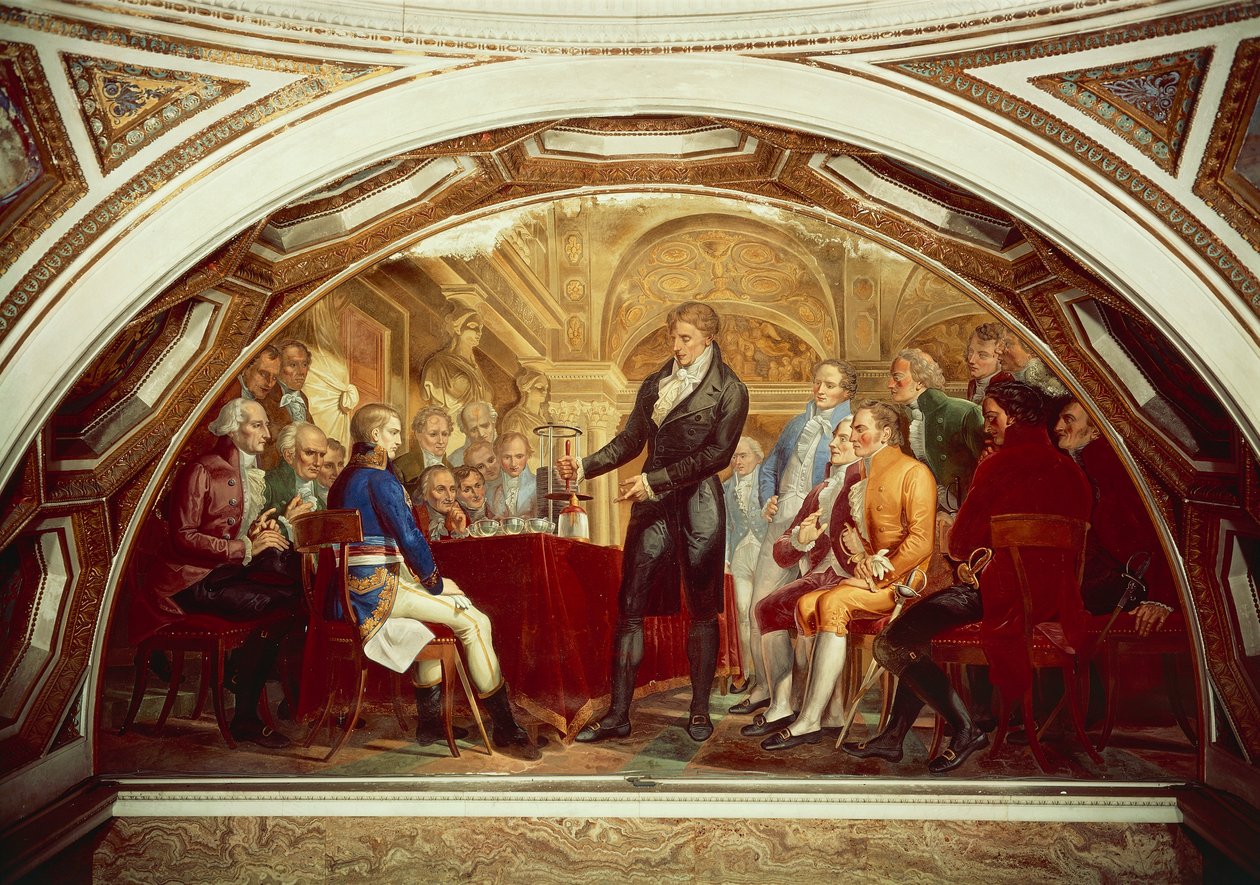 أليساندرو فولتا (1745-1827) يعرض بطاريته المبتكرة حديثًا لنابليون (1769-1821) في معهد فرنسا في باريس ، 7 نوفمبر بواسطة جاسبيرو مارتليني