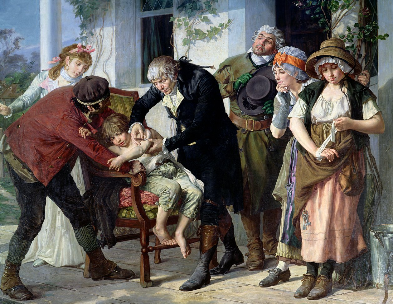 قام إدوارد جينر (1749-1823) بأداء التطعيم الأول ضد الجدري في 1796 ، 1879 (التفاصيل) (انظر أيضًا 166614) بواسطة جاستون ميلينج