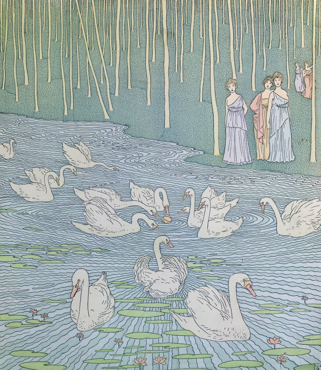 نوسيكا ورفاقها يلعبون بالكرة ، رسم توضيحي من الكتاب 6 من الأوديسة ، ترجم من قبل Lecomte de lIsle ، c.1900 بواسطة غاستون دي لاتيناي