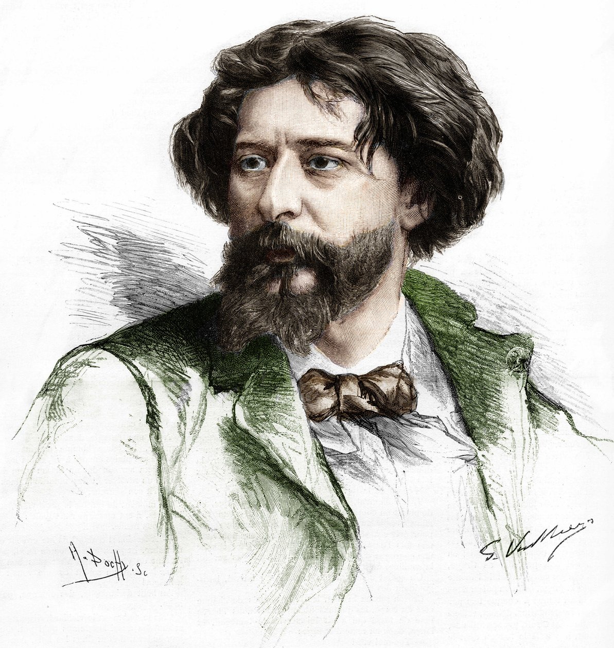 صورة لألفونس دوديت (1840-1897) ، كاتب فرنسي. نقش بواسطة A. Pochy بعد Gaston Vuillier، sd. أواخر القرن التاسع عشر. بواسطة جاستون (بعد) فويلير