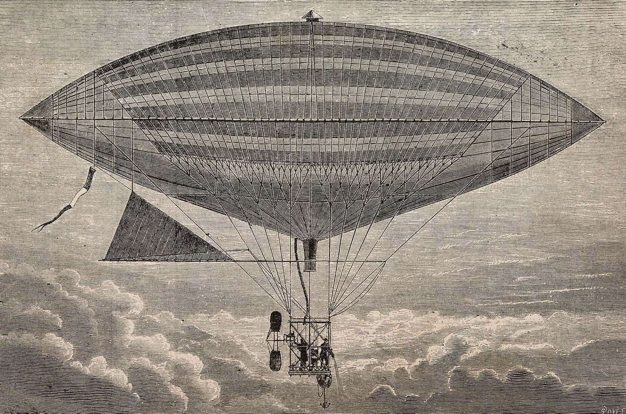 بالون كهربائي مع مروحة ، نموذج أولي لجاستون (18473-1899) وألبرت تيساندير (1839-1906) ، باريس ، فرنسا ، نقش من L