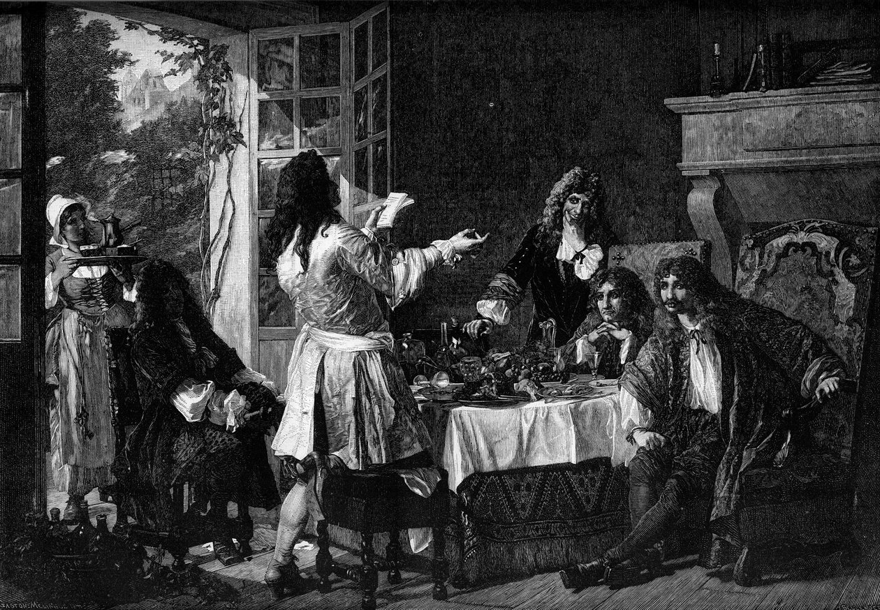 عشاء في Moliere's في Auteuil. في إشارة إلى حكاية "عشاء دوتويل" أو لافونتين ، تشابيل (كلود إيمانويل لولييه ، ديت) ، قرر راسين وبويلو ، أثناء تناول الوجبة ، الانتحار. القرن ال 17. نقش بعد لوحة لغاستون ميل بواسطة جاستون ميلينج