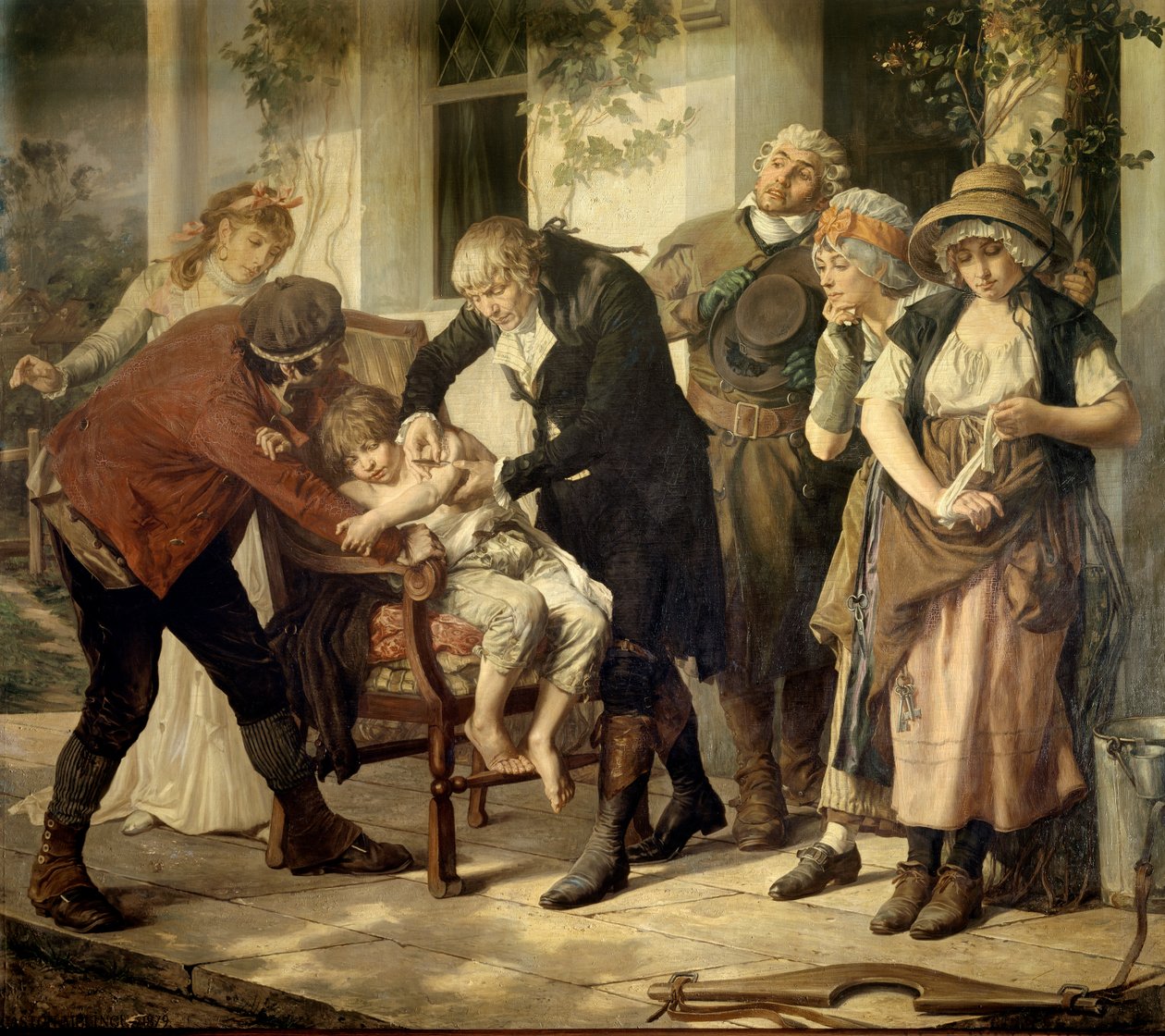 التطعيم الأول لإدوارد جينر (1749-1823) ، طبيب بريطاني اكتشف اللقاح ضد الجدري بواسطة رسم غاستون ميلينج (1840-1914) 1796 باريس ، أكاديمية الطب بواسطة جاستون ميلينج