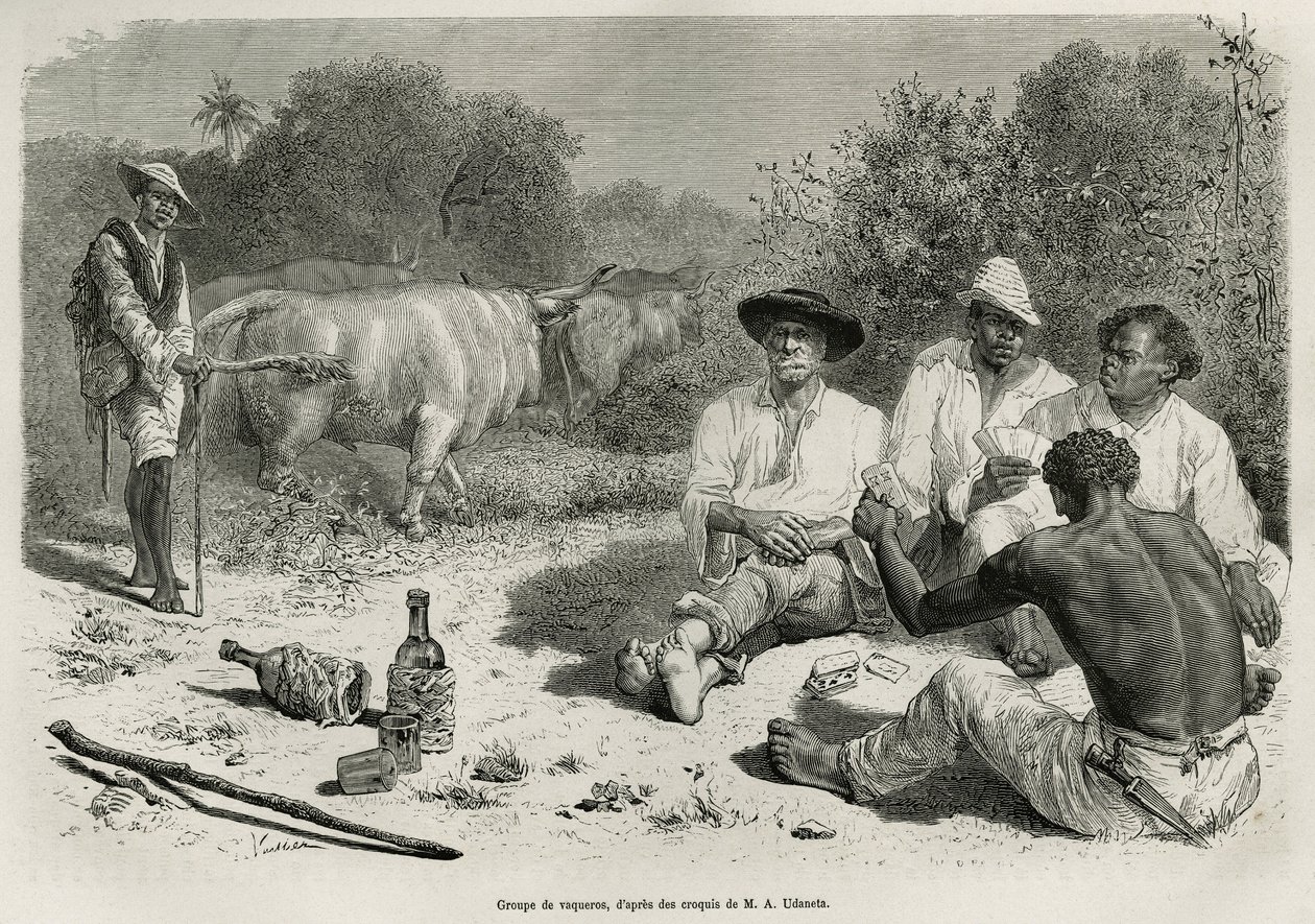 مجموعة من vaqueros تلعب الورق وشرب الكحول ، بالقرب من قطعانهم من الثيران ، نقش بعد رسم من قبل جي فويلير ، لتوضيح قصة De Cayenne aux Andes ، بواسطة Jules Crevaux ، طبيب البحرية الفرنسية ، في 1878-1879 ، تم نشرها في جولة دو مون بواسطة غاستون فولييه