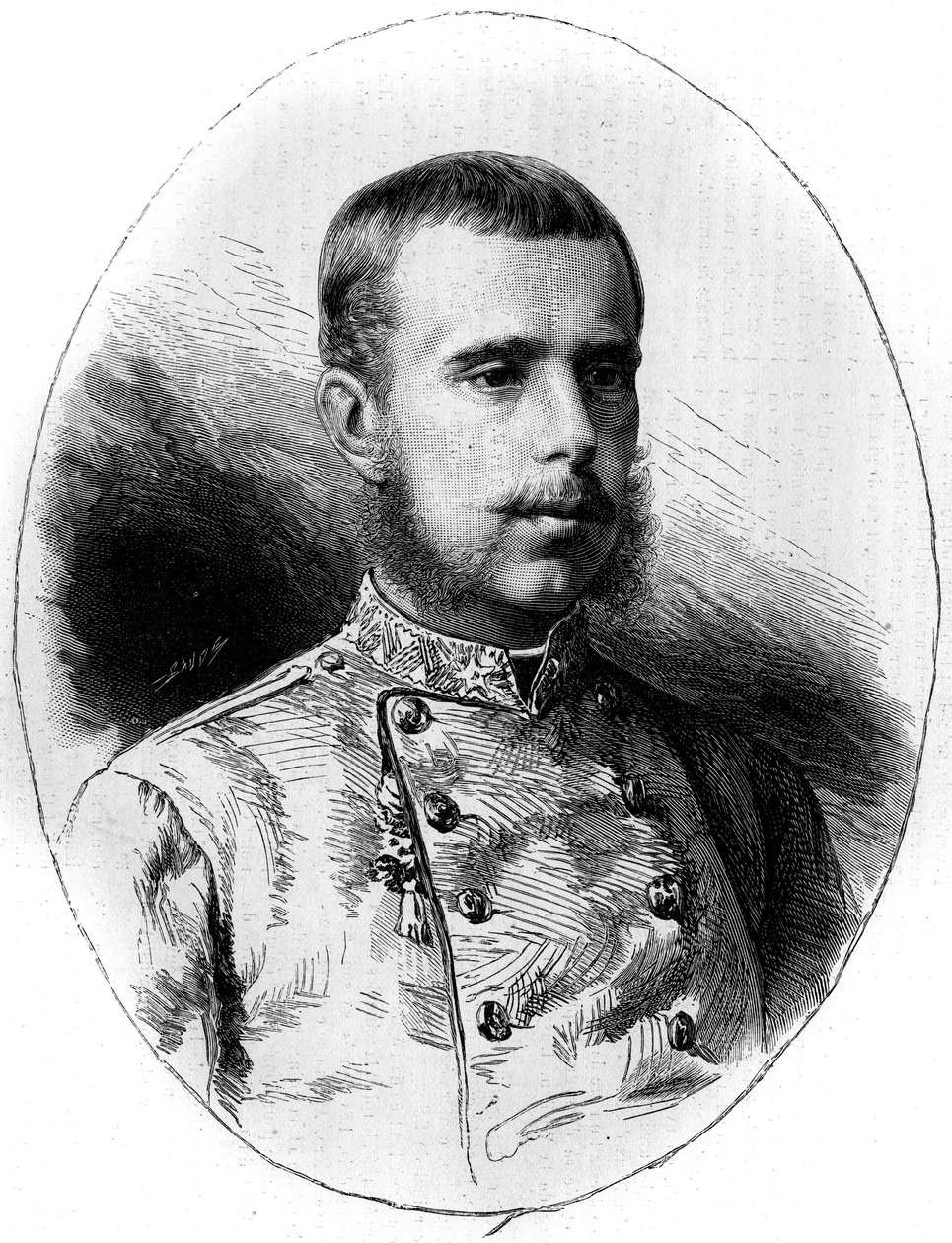 صورة لأرشيدوق النمسا رودولف (1858-1889). نقش بواسطة جي فويلييه في "" Le Monde Illustré "" رقم 1260 بتاريخ 21 مايو 1881. بواسطة غاستون فولييه