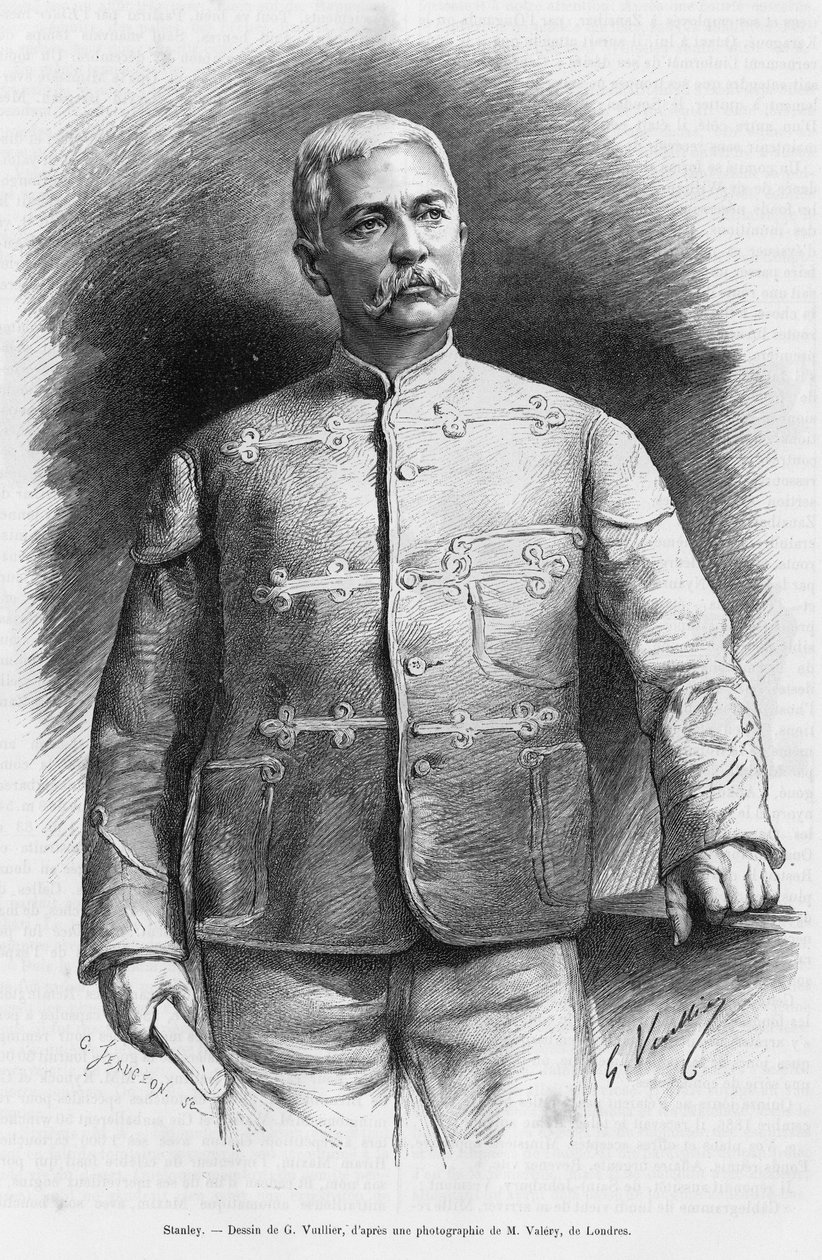 صورة لصحفي ومستكشف هنري مورتون ستانلي (شمال جون رولاندز 1841-1904). نقش من قبل جي فويلير ، لتوضيح القصة في ظلال إفريقيا ، اكتشف البحث وتراجع أمين باشا بواسطة غاستون فولييه