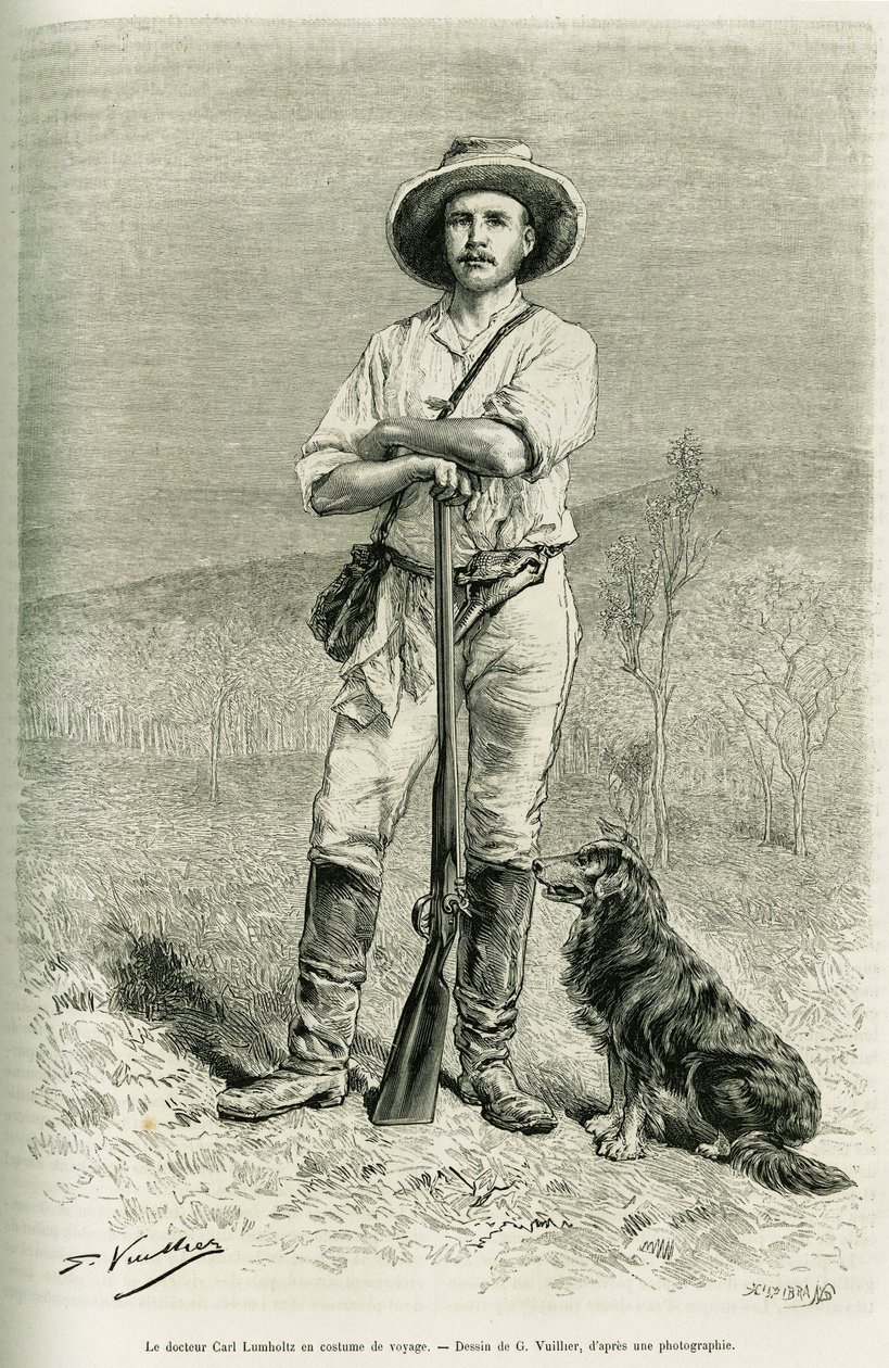 صورة للمسافر المؤلف كارل لومهولتز. نقش من قبل G.Vuillier ، لتوضيح قصة Chez les cannibales ، voyage dans l'north-est d'Australia بواسطة غاستون فولييه