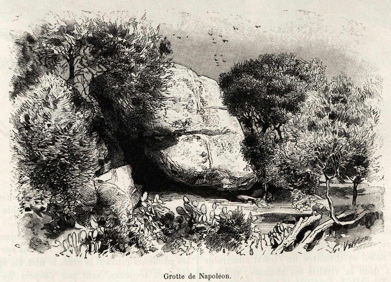 أحب الكهف نابليون أو نابليون بونابرت (1769-1821) اللجوء عندما كان طفلاً للدراسة والتأمل. نقش وقصة "لا كورس" لجاستون فويلييه (1845-1915) ، في عام 1890 ، في Le Tour du monde ، مجلة nouveau des voyages ، تحت إشراف بواسطة غاستون فولييه