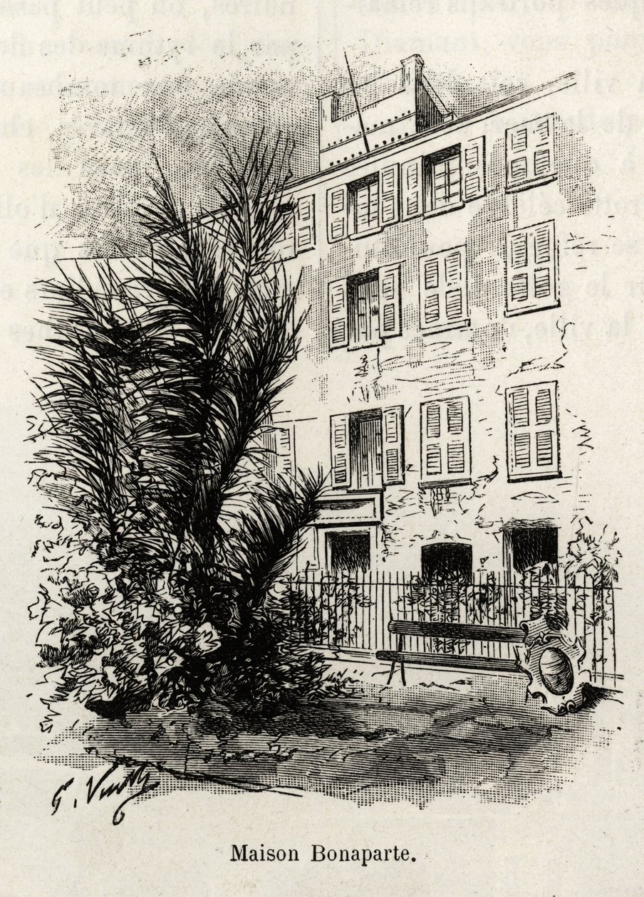 واجهة منزل بونابرت ، حيث نابليون بونابرت (1769-1821) ليست كذلك. نقش وقصة "لا كورس" لجاستون فويلييه (1845-1915) ، في عام 1890 ، في Le Tour du monde ، مجلة nouveau journal des voyages ، تحت إشراف إدوارد شارتون (1807-189) بواسطة غاستون فولييه