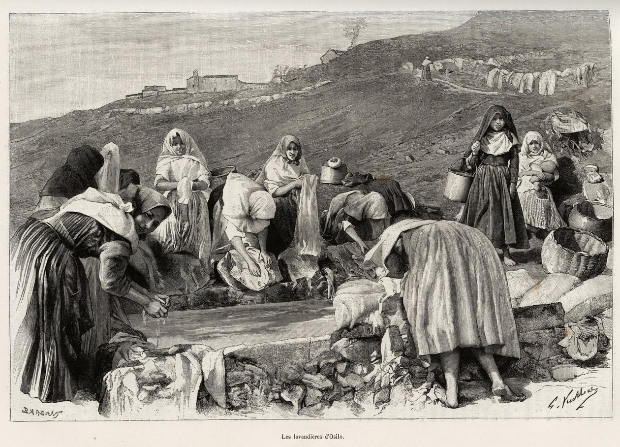 خزامى أوسيلو (إيطاليا) ، تجمعت النساء حول الحوض. نقش وقصة "" La Sardaigne "لـ Gaston Vuillier (1845-1915) ، في عام 1890 ، في Le Tour du monde ، nouveau journal des voyages ، تحت إشراف Edouard Charton (1807-1890) ، النصف الثاني بواسطة غاستون فولييه