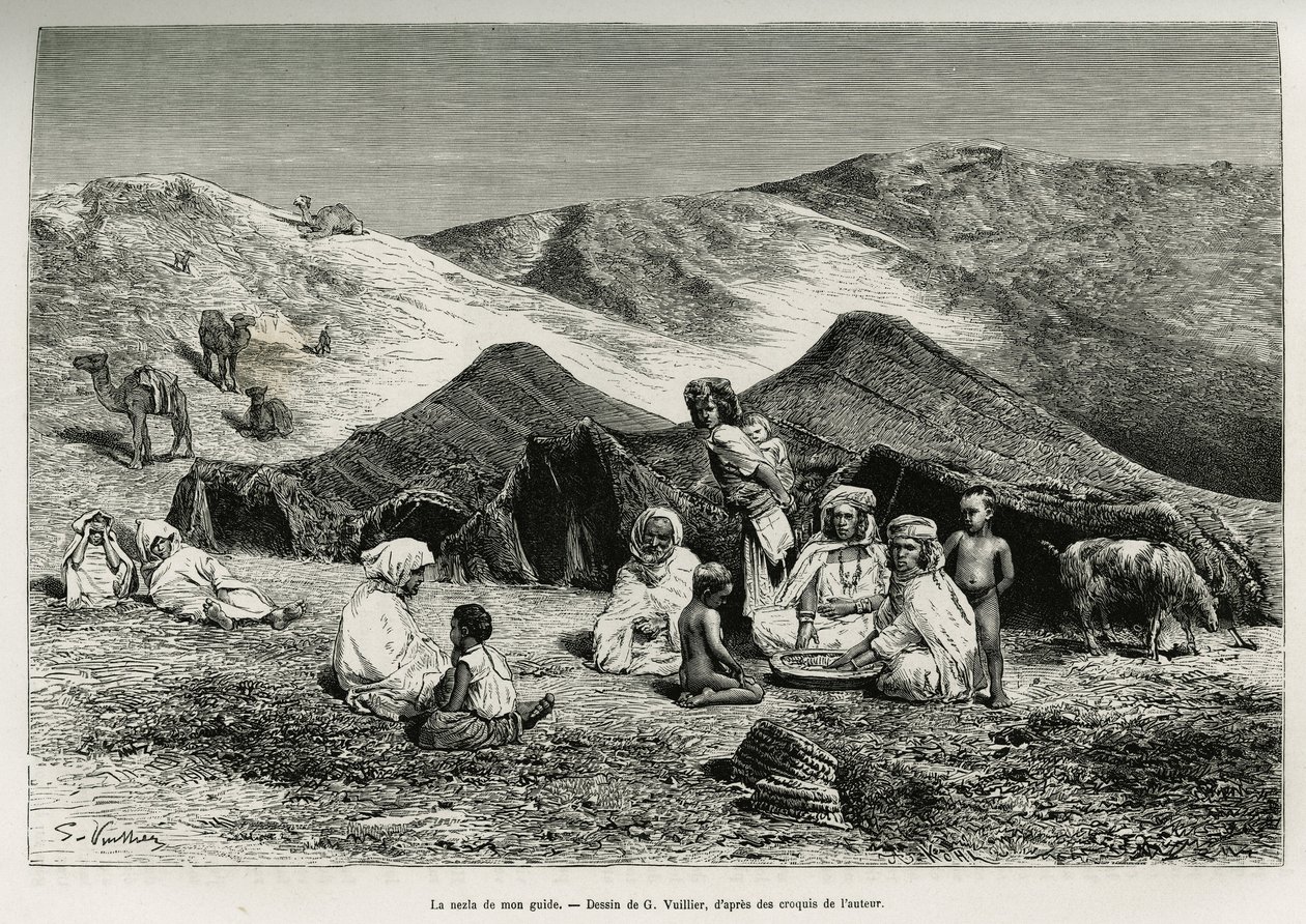 نزلة دليلي. نقش من قبل جي فوييه ، لتوضيح الصحراء الجزائرية ، بقلم في لارجو ، في 1874-1878 ، نُشر في Tour du monde ، تحت إشراف إدوارد شارتون (1807-1890) بواسطة غاستون فولييه
