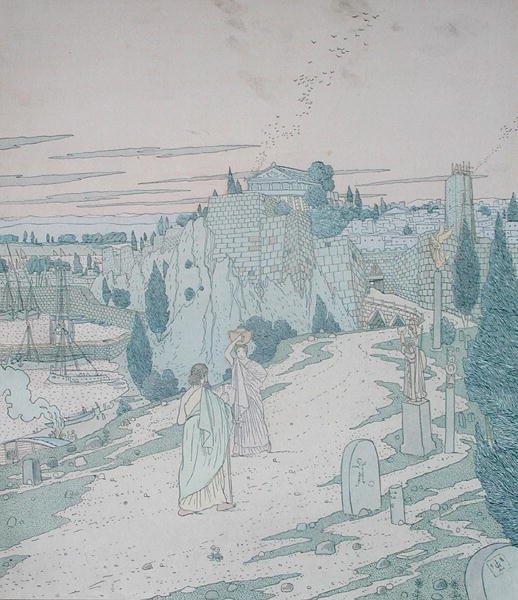 أوليسيس يلتقي الإلهة مينيرفا متنكرا في زي فتاة مع إبريق ، رسم توضيحي من الكتاب 6 من الأوديسة ، ترجمه Lecomte de l'Isle بواسطة غاستون دي لاتيناي