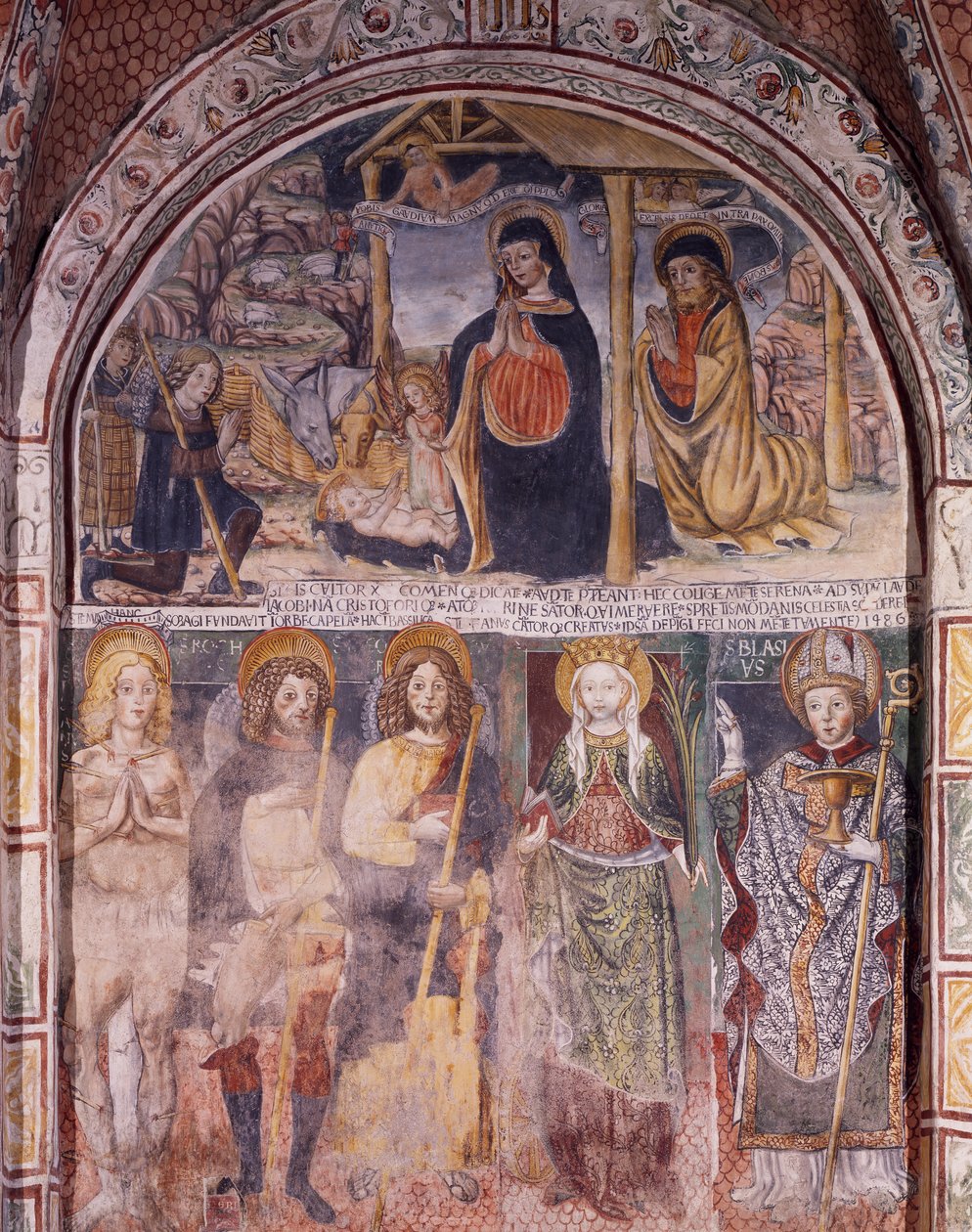 المهد والقديسين ، لوحة جدارية لغاودينزيو فيراري (1475-1546) ، بازيليك سان جوليو ، جزيرة سان جوليو ، أورتا سان جوليو ، إيطاليا بواسطة جودنزيو فيراري