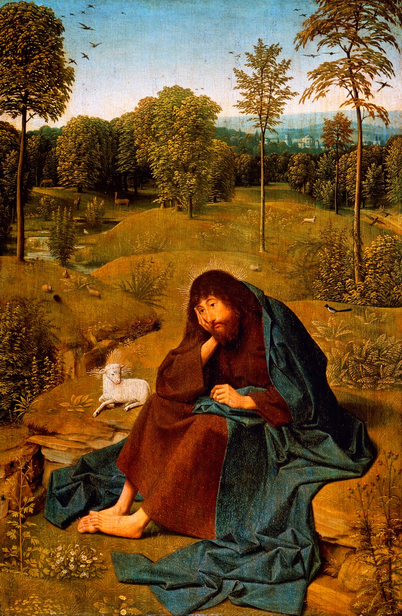 John Baptist in Wilderness, painting by Geertgen tot Sint Jans Panel (ca 1460-ca 1490), panel, 42x28 cm, Netherlands بواسطة جيرتجن توت سينت يانس