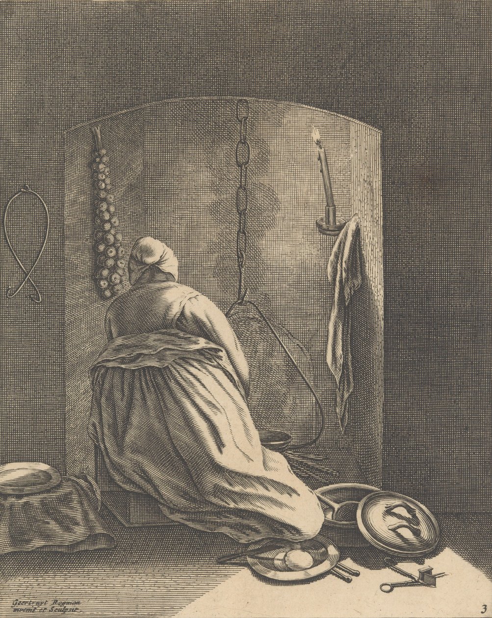 امرأة تطبخ ، اللوحة 3 من خمس مهن أنثوية ، كاليفورنيا. 1640-57. ، كاليفورنيا. 1640-57. بواسطة غيرترويدت روجمان